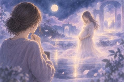 夜の夢の中で、顔のはっきりしない妊娠した女性を見つめる人物