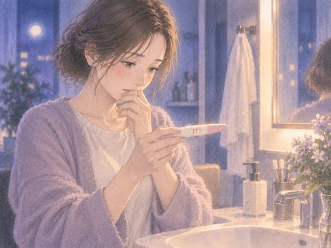 妊娠検査薬を手にして結果を見つめる女性