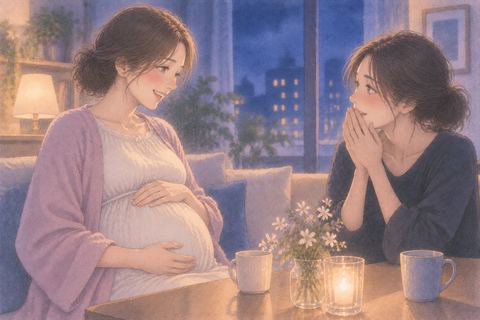 妊娠した友人から知らせを聞き、驚きながら受け止める女性