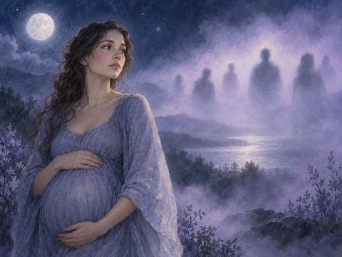 妊娠したお腹に手を添え、ぼんやりした人影を見ながら考え込む女性