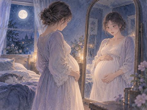 鏡の前で大きくなったお腹に気づく女性