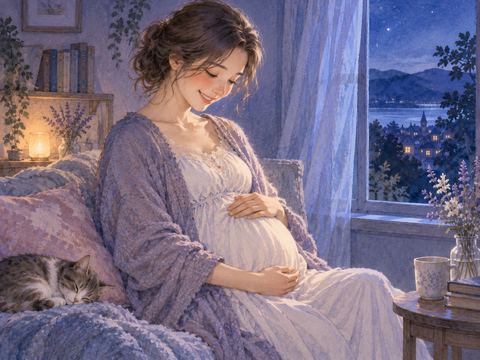 窓辺でお腹に両手を添え、穏やかに微笑む妊娠した女性