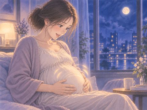 お腹に両手を添え、胎動に気づいて微笑む女性