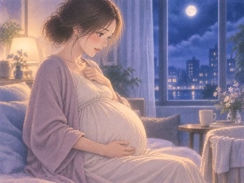 臨月のお腹に手を添え、期待と緊張を感じる女性
