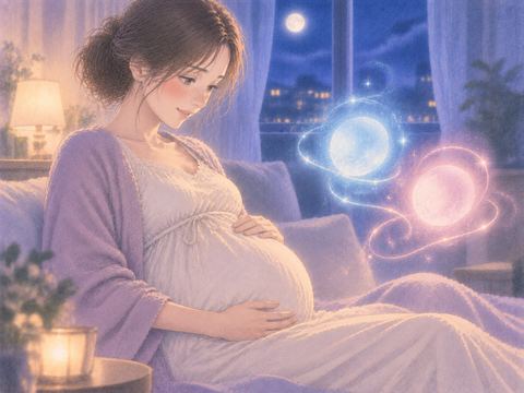 妊娠した女性が青とピンクの淡い光を見つめる夢の場面