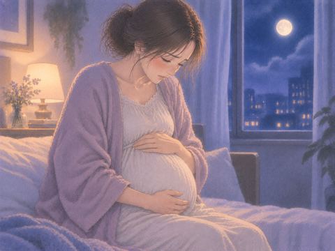 妊娠中の女性が夜にお腹を抱え、不安そうに目を閉じる夢の場面