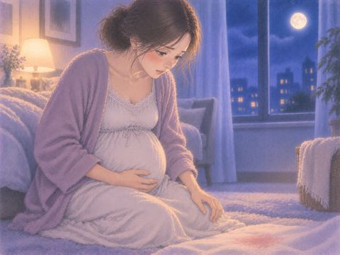 妊娠中の女性が腹部に手を添え、淡い赤のにじみを見て不安になる夢の場面