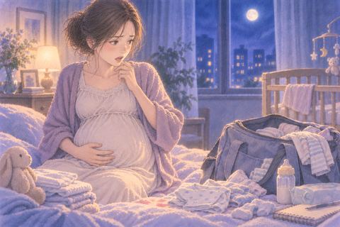 出産準備の途中でお腹を抱え、戸惑う妊娠中の女性
