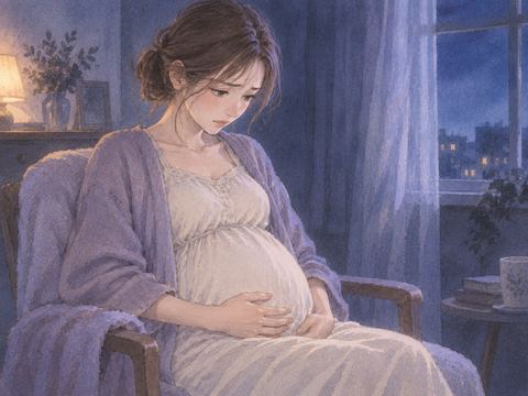妊娠したお腹を見つめ、不安そうに考え込む女性