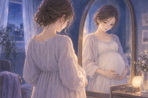 夢の中で自分の丸みのあるお腹に手を添える女性