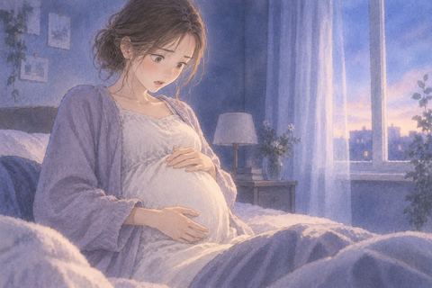 思いがけない妊娠に驚いて自分のお腹を見つめる女性