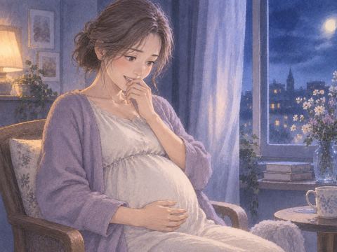 落ち着いた年齢の女性が妊娠したお腹に手を添え、驚きながら微笑む場面