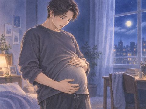 夢の中で丸みのあるお腹を見つめる成人男性