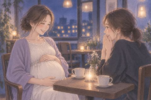 妊娠した友人と向かい合い、その知らせを聞く女性