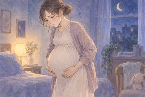 大きなお腹を支えながら苦しそうに立つ女性