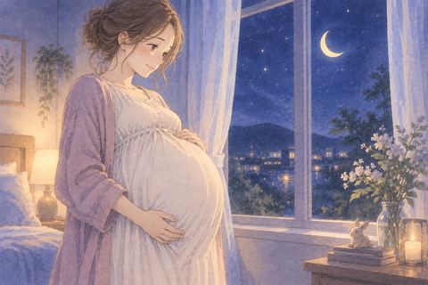 臨月のような大きなお腹を抱える女性