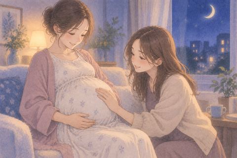 妊婦のお腹にそっと手を触れる女性