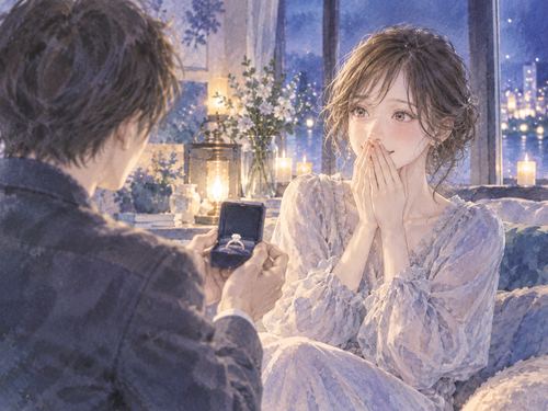 恋人からプロポーズされ嬉しそうに見つめる女性