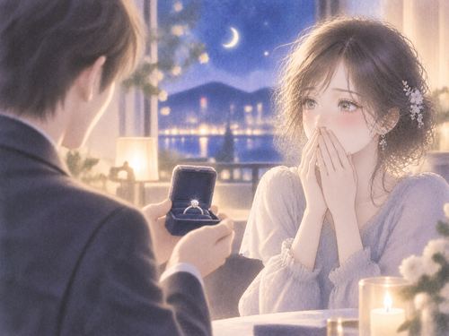 突然のプロポーズに驚いて口元へ手を添える女性