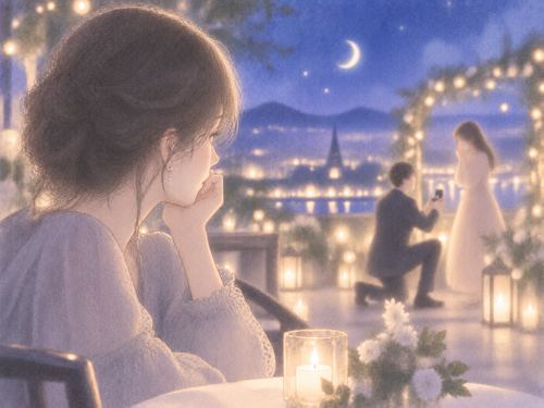 少し離れて他人のプロポーズを見つめる女性