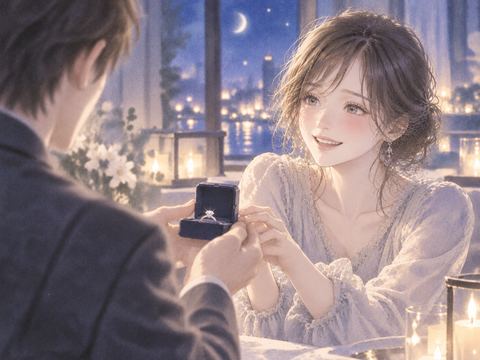 差し出された指輪を笑顔で受け取る女性
