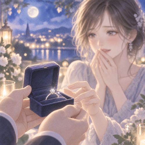 月明かりの中で差し出される婚約指輪と女性の手