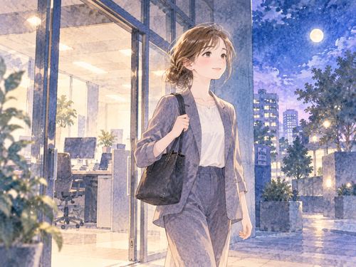 夜の会社を自分の意思で出ていく女性