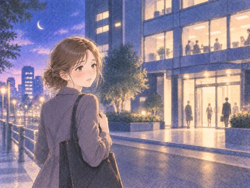 会社を離れた後に振り返る女性