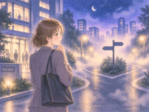 会社を出た後の道で不安そうに立つ女性