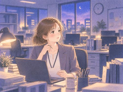 昔の職場の机で再び働く女性