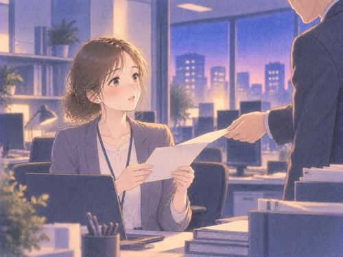 上司から書類を渡され戸惑う女性