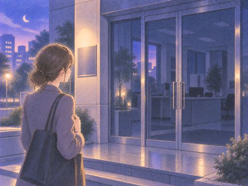 閉じた会社の入口を見つめる女性