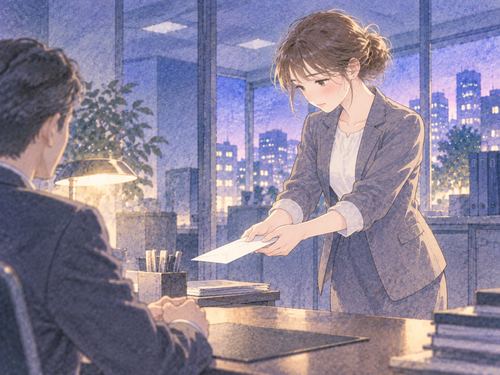 上司の机へ退職届を差し出す女性