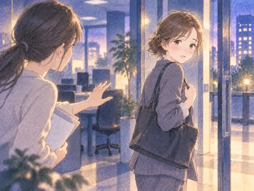会社の出口で同僚に引き止められる女性