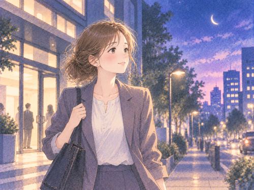 会社を出て晴れやかな表情をする女性