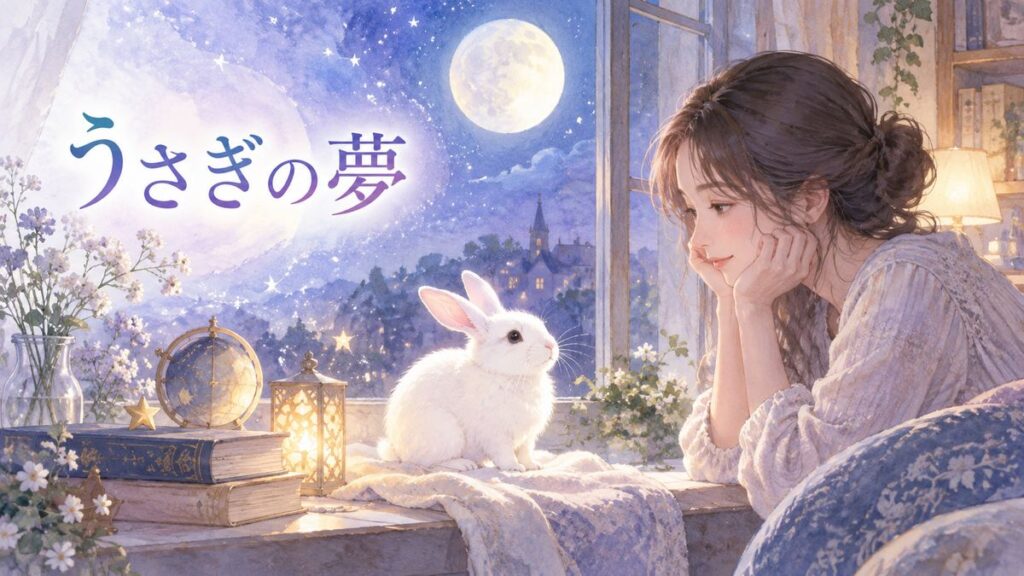 月明かりの部屋で白いうさぎを見つめる大人の女性