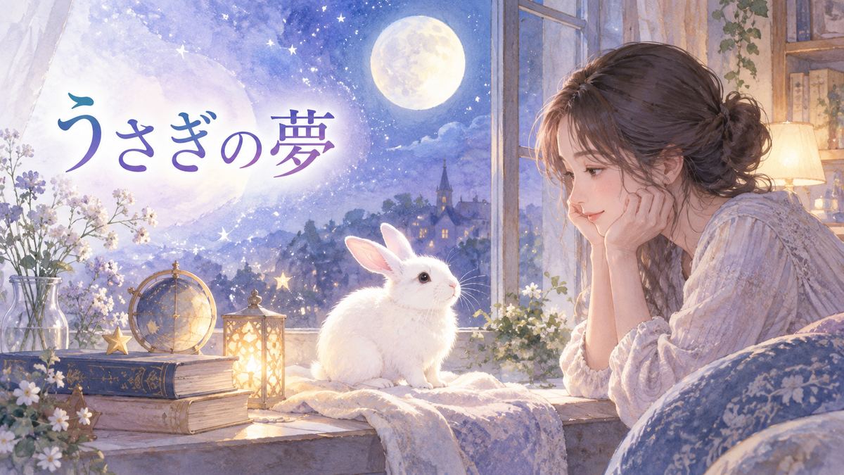 月明かりの部屋で白いうさぎを見つめる大人の女性