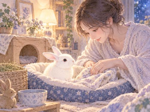 室内でうさぎの寝床を整えて世話をする場面