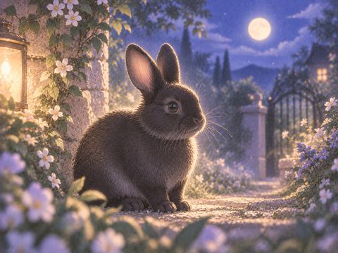 淡い光を受けて座る黒いうさぎ