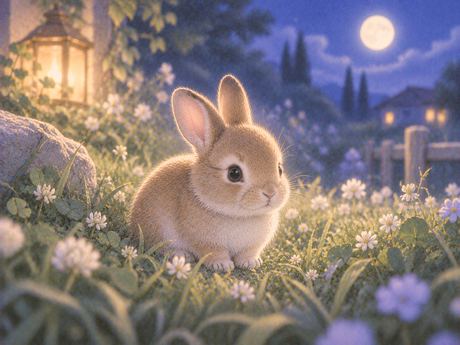 柔らかな草の上にいる小さな子うさぎ