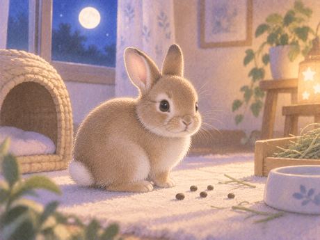 うさぎのそばに小さな丸い排泄物が残る場面