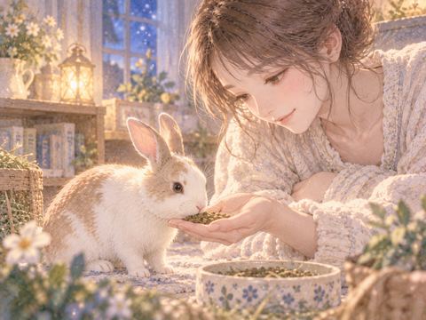 差し出した餌をうさぎが食べている場面