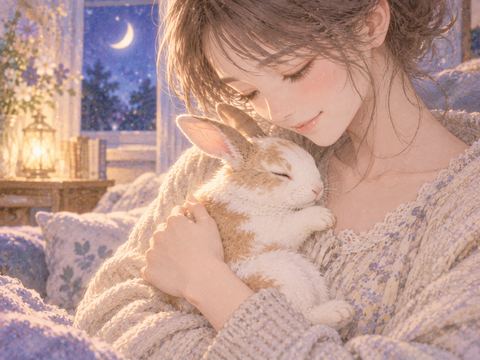 腕の中でうさぎを優しく抱いている場面