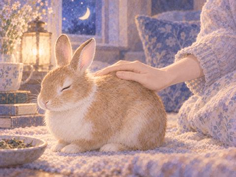 座っているうさぎの背中を優しく撫でる手