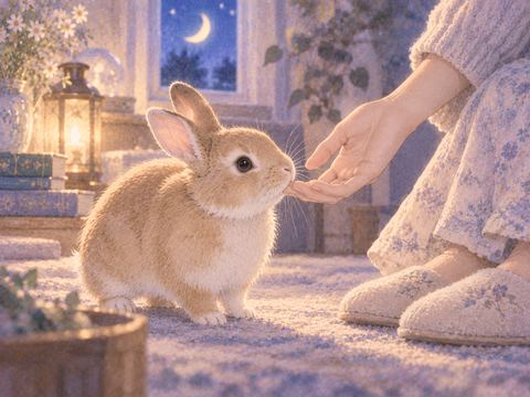 足元へ近づいて鼻先を寄せるうさぎ