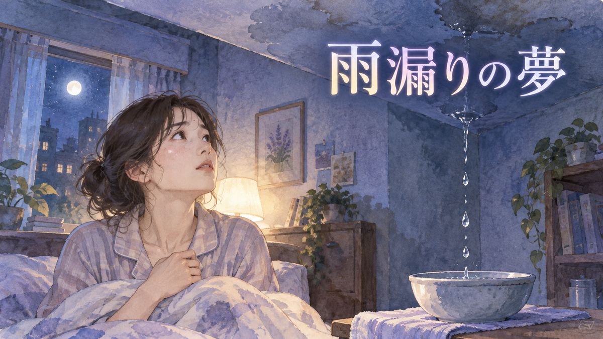 夜の部屋で天井から落ちる雨水を見上げる大人の女性