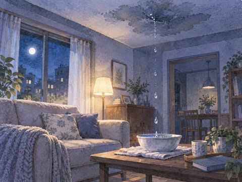 夜の自宅リビングで天井から雨水が落ちている場面
