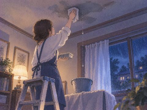 夜の部屋で雨漏り箇所を確認して修理しようとする手元