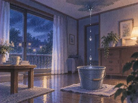 夜の室内で雨漏りの下にバケツを置いて水を受ける場面