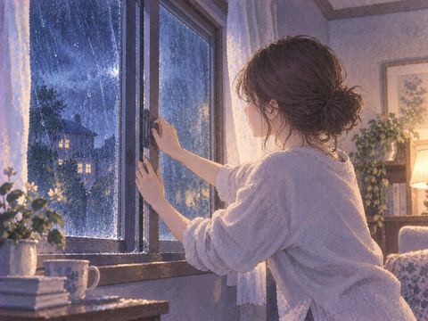 夜の雨の中で女性が室内の窓を閉めている場面